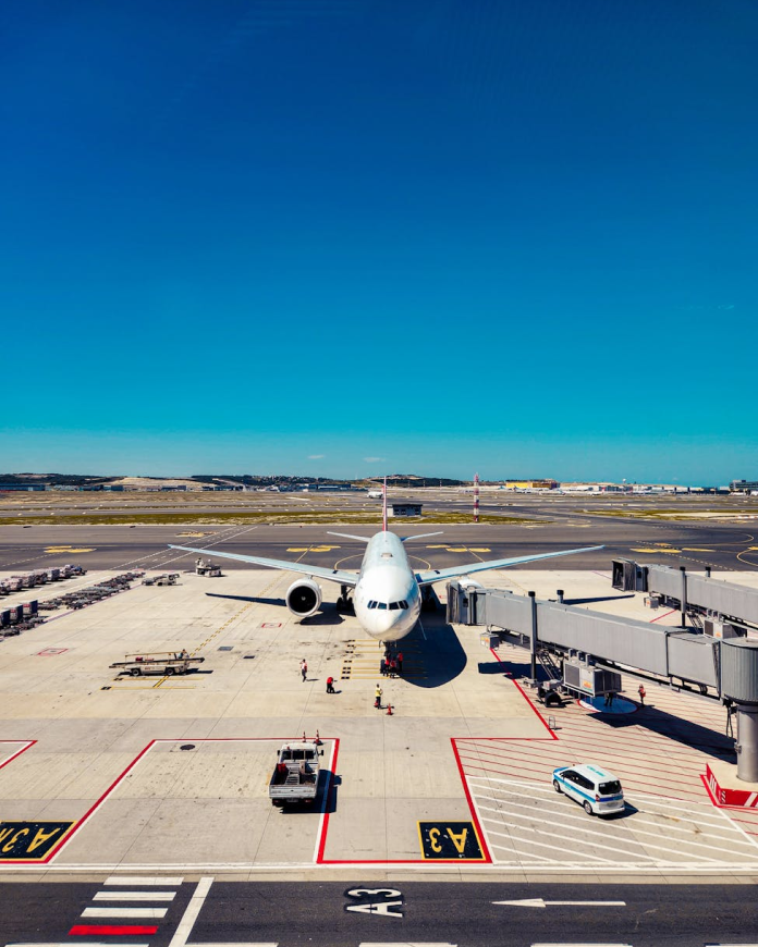 A plane parked at its stand on the airport tarmac